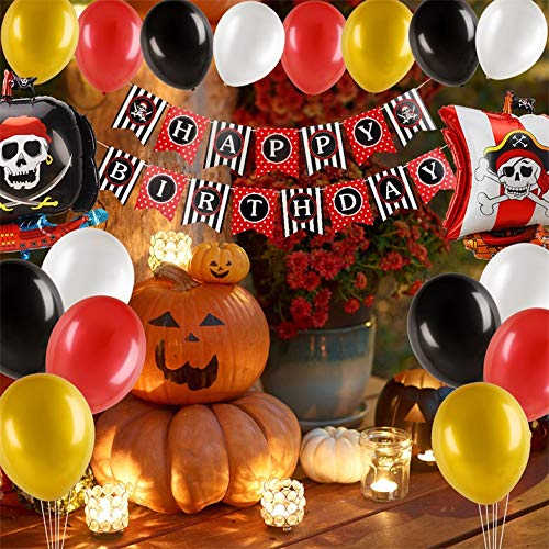 Herefun 50 Piezas Pirata temática Decoraciones Cumpleaños Kit, Pirata Globos Party Fiesta Halloween Decoracion Aluminio Globos Rojos Negros dorado, Cake Topper Banner para niños chico