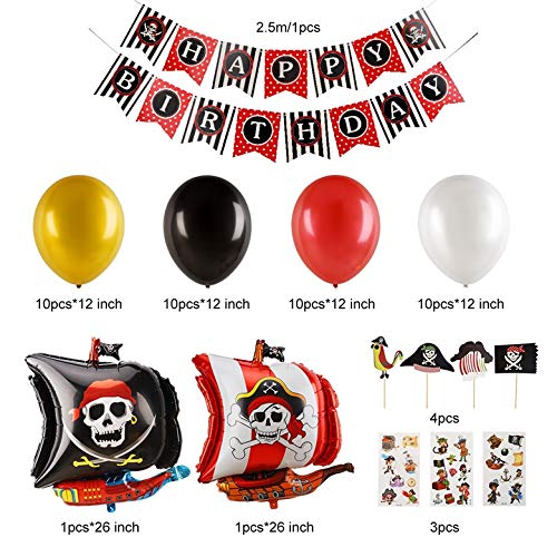 Herefun 50 Piezas Pirata temática Decoraciones Cumpleaños Kit, Pirata Globos Party Fiesta Halloween Decoracion Aluminio Globos Rojos Negros dorado, Cake Topper Banner para niños chico