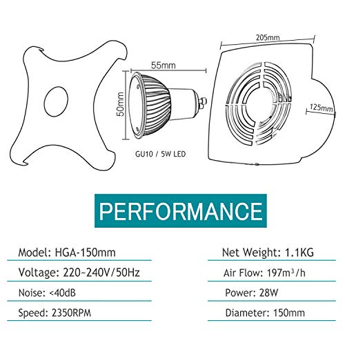HG Power 150mm Ventilador Extractor de aire Silencioso 197m³/h para Oficina, Baño, Dormitorio