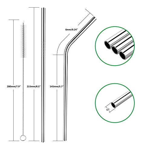 Hianjoo Pajitas de Acero Inoxidable, 8 Packs Pajas de Beber de Metal Ecológicas Reutilizables para Milkshake Zalamero Cócteles Whisky Bebidas Calientes, 2 Cleaning Brush, Plata