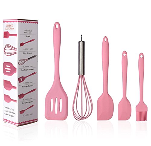 Hillento cocina de silicona utensilios utensilios de cocina conjunto de utensilios de cocina de silicona 5pcs fijan espátulas herramientas de cocina cepillo, fácil de utilizar y limpio, de color rosa