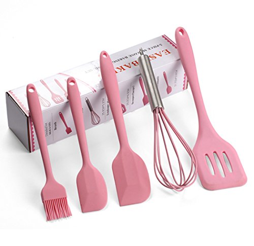 Hillento cocina de silicona utensilios utensilios de cocina conjunto de utensilios de cocina de silicona 5pcs fijan espátulas herramientas de cocina cepillo, fácil de utilizar y limpio, de color rosa