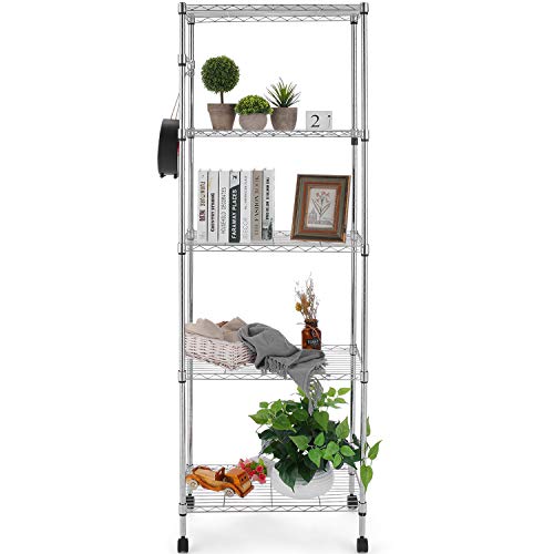 Himimi Estante de Cocina Carro de Cocina Estante de Metal Estante rodante de Acero Cromado 5 estantes con Ruedas L59 x W35 x H183cm, Plata