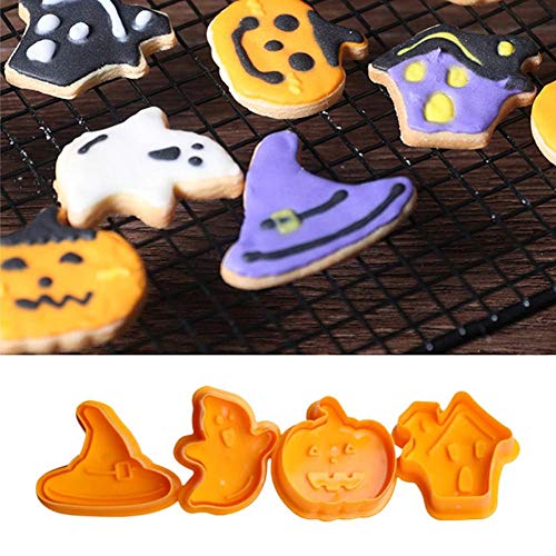 hinffinity Molde de Silicona para Tartas, Juego de Herramientas para Cortar Galletas, Molde para Halloween, Calabaza, Bruja, Gorro, Calavera, Halloween, fácil de Usar y Limpiar (4 Unidades)