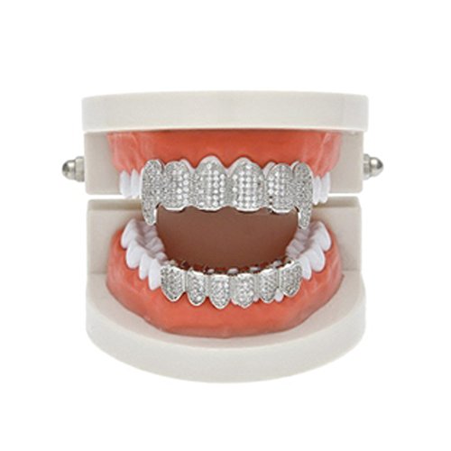 Hip Hop Dientes Grillz Set Oro Plata Pavimentar Completo Iced Out con Barras de Moldeo Extra Diamantes Parte Inferior de la Boca Dientes Decoración de Fiesta para Hombres Niños (Negro)