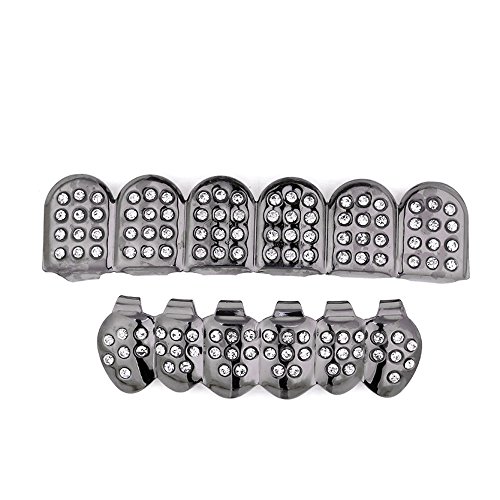 Hip Hop Dientes Grillz Set Oro Plata Pavimentar Completo Iced Out con Barras de Moldeo Extra Diamantes Parte Inferior de la Boca Dientes Decoración de Fiesta para Hombres Niños (Negro)