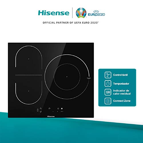 Hisense I6337C - Placa Inducción 3 zonas, 1 con foco gigante 32Cm, 2 conectadas entre si área Bridge, encimera de 60Cm, bloqueo infantil y terminación biselada