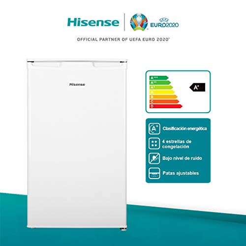 Hisense RR125D4AW1 - Frigorífico Pequeño Table Top, una puerta reversible, clase A+, capacidad neta 96 l, 84.7cm de alto bajo encimera, silencioso 43dB, color blanco