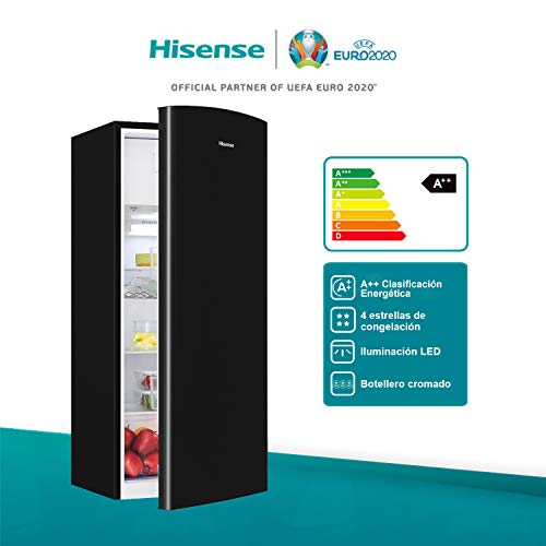 Hisense RR220D4AB2 - Frigorífico una Puerta, Clase A++, Botellero Cromado, Estantes XXL, 164 L de Capacidad Neta, 128 cm Alto, Silencioso 40dB, Color negro