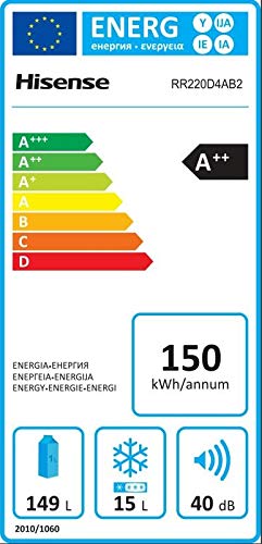 Hisense RR220D4AB2 - Frigorífico una Puerta, Clase A++, Botellero Cromado, Estantes XXL, 164 L de Capacidad Neta, 128 cm Alto, Silencioso 40dB, Color negro