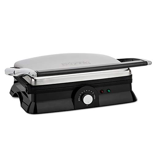 H.Koenig GR20 Parrilla Eléctrica, Grill y Sandwichera, 2000 W, Temperatura hasta 230º, Revestimiento Antiadherente, Apertura 180º, Dimensiones 29.7 x 23 cm, Acero Inoxidable, Gris