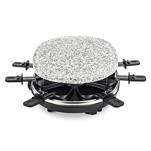 H.Koenig RP 85 RP85 Raclette 8 Personas, Plancha de Piedra Natural, 900 W, Acero Inoxidable, Negro, 8 Sartenes Antiadherentes