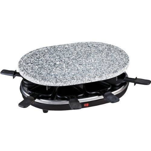 H.Koenig RP 85 RP85 Raclette 8 Personas, Plancha de Piedra Natural, 900 W, Acero Inoxidable, Negro, 8 Sartenes Antiadherentes