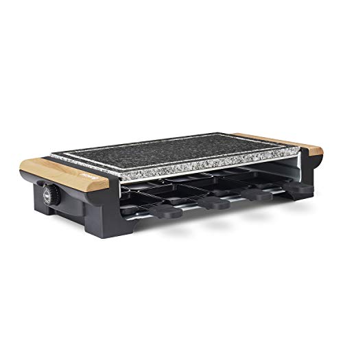 H.Koenig RP328 Raclette 8 Personas, Plancha de Piedra Natural, 1400 W, Acero Inoxidable, Madera, 8 Sartenes Antiadherentes