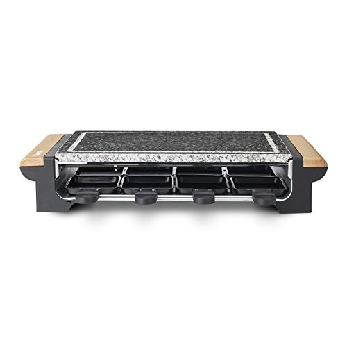 H.Koenig RP328 Raclette 8 Personas, Plancha de Piedra Natural, 1400 W, Acero Inoxidable, Madera, 8 Sartenes Antiadherentes