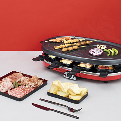 H.Koenig RP418 Raclette - Grill para 8 personas, 1500 W, Acero Inoxidable, Negro, Gris, Rojo