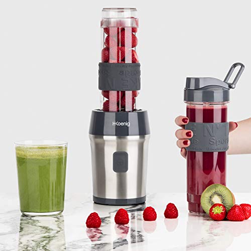 H.Koenig SMOO9 Batidora de Vaso Portátil, Smoothie Maker, Mini Batidora Para Zumos, Batidos, Smoothies, Capacidad de 570 mL, 300 W, Incluye 2 Botellas Deportivas Portátiles, Acero Inoxidable