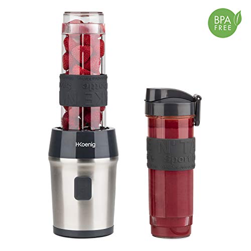 H.Koenig SMOO9 Batidora de Vaso Portátil, Smoothie Maker, Mini Batidora Para Zumos, Batidos, Smoothies, Capacidad de 570 mL, 300 W, Incluye 2 Botellas Deportivas Portátiles, Acero Inoxidable