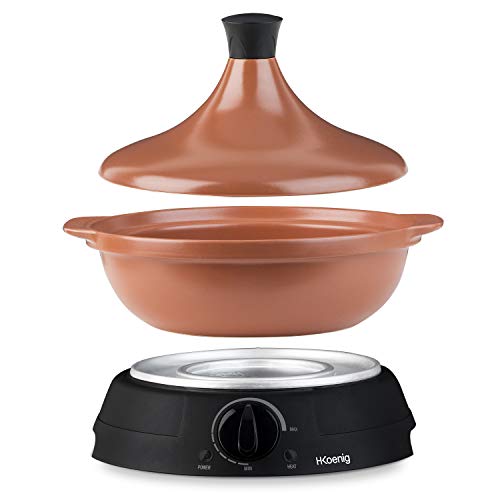 H.Koenig TAJ2 - Tajín eléctrico de terracota de 2 L, tajina, olla de cocción tradicional y moderna, termostato ajustable, tajín marroquí argelino y tapa con asa.