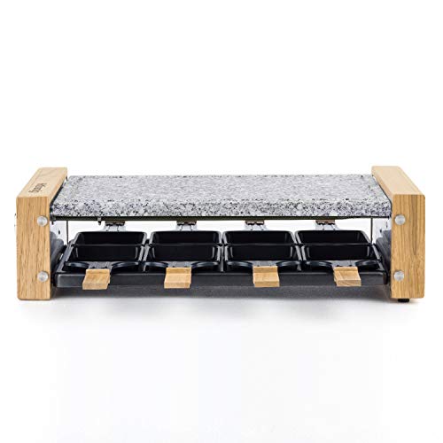 H.Koenig WOD8 Raclette 8 Personas, con Piedra natural, Plancha, 1200 W, Acero Inoxidable, Madera, Negro, Gris