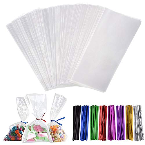 HO2NLE 200pcs Bolsas de Celofan Transparente Opp para Chuches Bolsitas Plastico Pequeñas 9 x 15cm con Lazos Colores para Chuches Galletas Tortas Dulces Chocolate Cumpleaños Boda Comunion