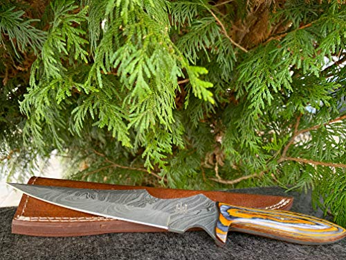 Hobby Hut HH-302 Cuchillo de acero de damasco hecho a mano de 12 pulgadas, cuchillo de caza, mango de Micarta, funda de piel, diseñado para caza y camping