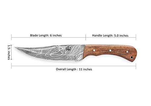 Hobby Hut HH-402, Cuchillo de Hoja Fija de Acero de Damasco de 11 Pulgadas, Cuchillo de Caza, Mango de Madera de Nogal, Funda de Cuero, Espiga Completa, Cuchilla Afilada para Exteriores