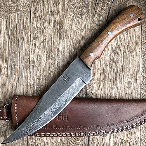 Hobby Hut HH-402, Cuchillo de Hoja Fija de Acero de Damasco de 11 Pulgadas, Cuchillo de Caza, Mango de Madera de Nogal, Funda de Cuero, Espiga Completa, Cuchilla Afilada para Exteriores