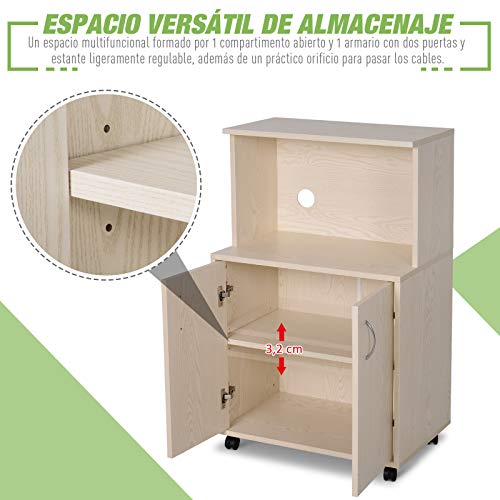 HOMCOM Aparador Auxiliar Bajo de Cocina Mueble Auxiliar para Microondas con 4 Ruedas (2 con Frenos) Armario para Almacenaje con 2 Puertas 60.4x40.3x97cm