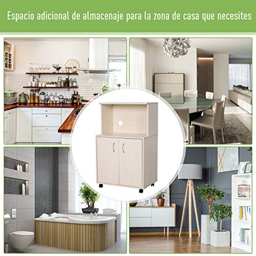 HOMCOM Aparador Auxiliar Bajo de Cocina Mueble Auxiliar para Microondas con 4 Ruedas (2 con Frenos) Armario para Almacenaje con 2 Puertas 60.4x40.3x97cm