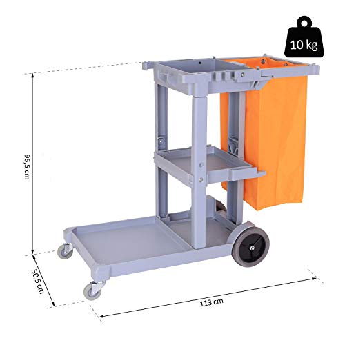 HOMCOM Carro de Limpieza con Bolsa 100L Profesional y Multifuncional para Colectividades Hotel Hostal con 3 Bandejas y 1 Plataforma 113x50.5x96.5cm