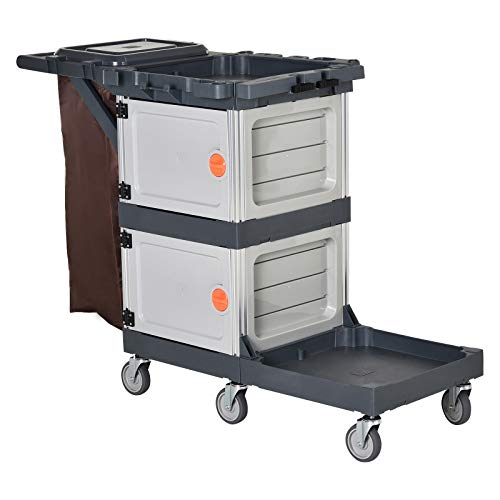 HOMCOM Carro de Limpieza Profesional Carrito Duradero con 6 Ruedas 2 Cajas de Almacenaje Estante Abierto Bolsa de Basura con Tapa 131x56x93 cm Marrón