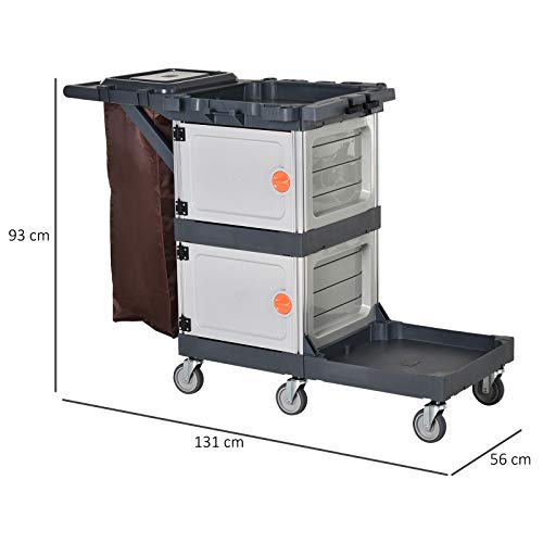 HOMCOM Carro de Limpieza Profesional Carrito Duradero con 6 Ruedas 2 Cajas de Almacenaje Estante Abierto Bolsa de Basura con Tapa 131x56x93 cm Marrón