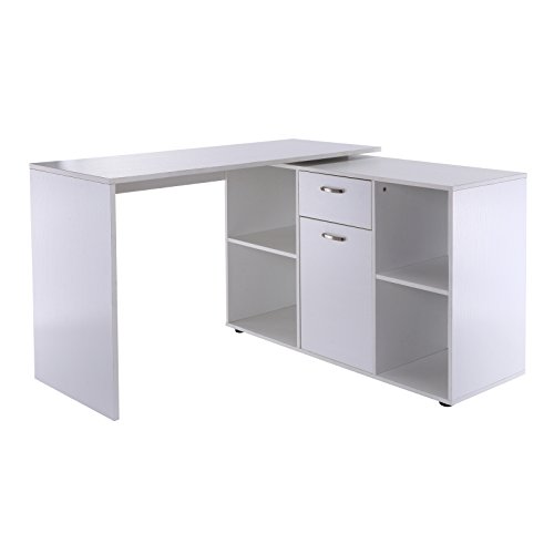 HOMCOM Escritorio Mesa de Ordenador Mesa Esquinera Oficina 2 Formas con 4 Estantes 1 Cajón 1 Puerta Mesa de Despacho Escuela Estudio Madera