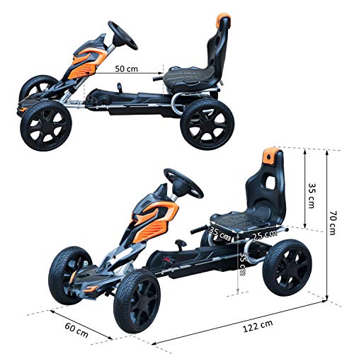 HOMCOM Go Kart Racing Deportivo Coche de Pedales para Niños 3-8 Años con Asiento Ajustable Embrague y Freno Ruedas de Goma 122x60x70cm Negro y Naranja