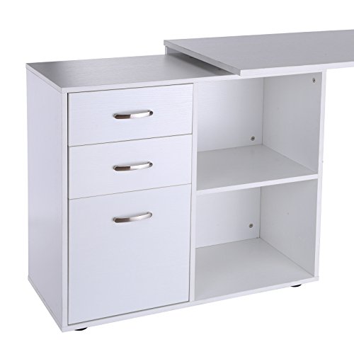 HOMCOM Mesa de Ordenador Escritorio Mesa Esquinera Oficina 2 Formas con 2 Estantes 3 Cajones Mesa de Despacho Escuela Estudio Madera Blanco