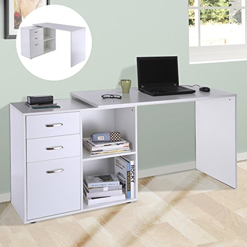 HOMCOM Mesa de Ordenador Escritorio Mesa Esquinera Oficina 2 Formas con 2 Estantes 3 Cajones Mesa de Despacho Escuela Estudio Madera Blanco