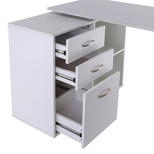 HOMCOM Mesa de Ordenador Escritorio Mesa Esquinera Oficina 2 Formas con 2 Estantes 3 Cajones Mesa de Despacho Escuela Estudio Madera Blanco