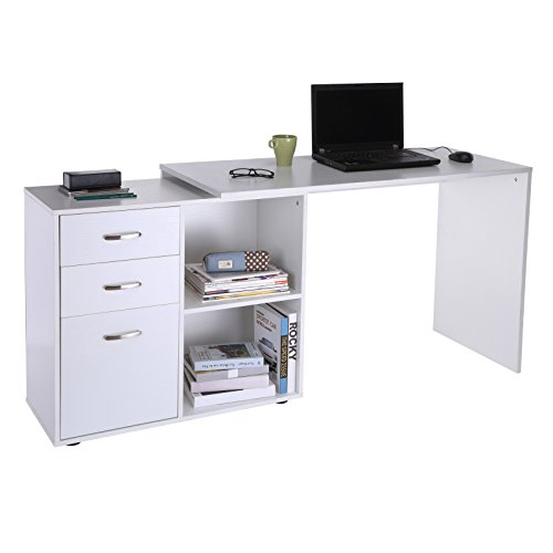 HOMCOM Mesa de Ordenador Escritorio Mesa Esquinera Oficina 2 Formas con 2 Estantes 3 Cajones Mesa de Despacho Escuela Estudio Madera Blanco