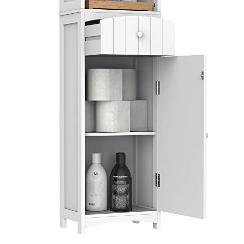 HOMCOM Mueble Armario Multiusos Blanco para Cuarto de Baño con Estanterías 34x24x170cm 3 Estantes 1 Puerta y 1 Cajón