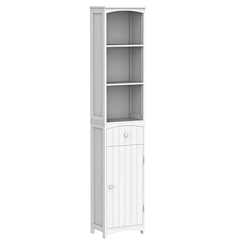 HOMCOM Mueble Armario Multiusos Blanco para Cuarto de Baño con Estanterías 34x24x170cm 3 Estantes 1 Puerta y 1 Cajón