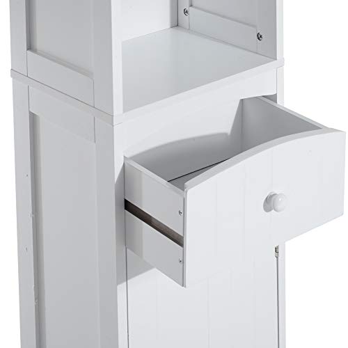 HOMCOM Mueble Armario Multiusos Blanco para Cuarto de Baño con Estanterías 34x24x170cm 3 Estantes 1 Puerta y 1 Cajón