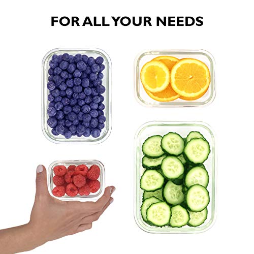 Home Fleek - Envases de Vidrio para Alimentos | 4 Recipientes + 4 Tapas | Herméticos | Sin BPA (Set 4, Rectangular Azul)