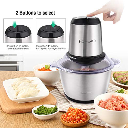 homeasy Picadora Eléctrica de Alimetos 350W, 2L Trituradora de Alimentos de Acero Inoxidable, Picadora Batidora Eléctrica de Cocina 4 Cuchillas, Picadora de Carne Verduras y Frutas