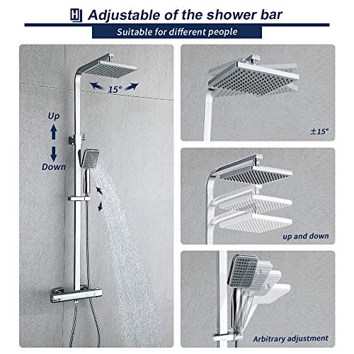 HOMELODY 40℃ Conjunto de Ducha Termostática Columna de ducha Rectangular 818-1214mm Altura Ajustable Ducha de Lluvia 2 Modos Ducha de Mano para Baño