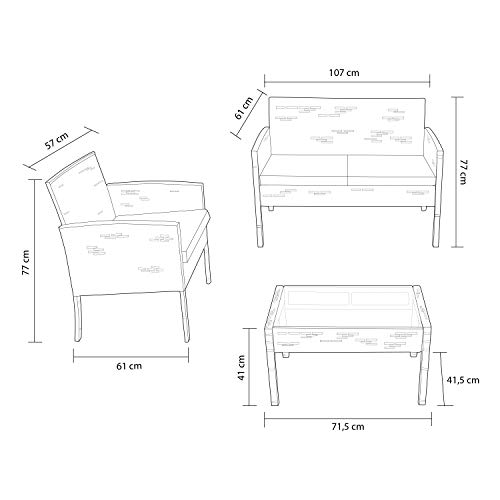 HomeSouth - Conjunto de mesa baja, 2 sillas y un sofá dos plazas de jardín, mesa de centro fija, mueble de exterior, modelo Brasil, medidas mesa: 71,5 cm (ancho) x 41,5 cm (fondo) x 41 cm (alto)