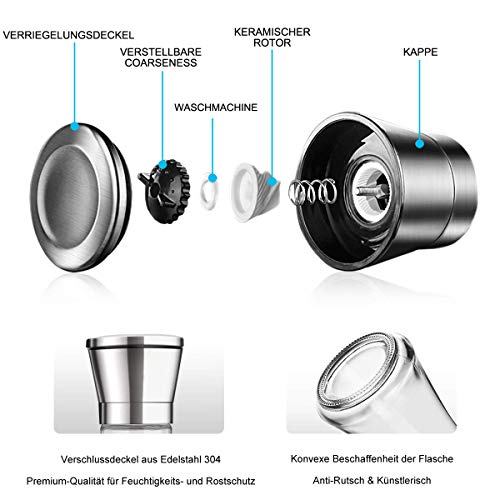 HomeTeck Molinillo de Sal y Pimienta, Agitadores de Acero Inoxidable Cepillado y Vidrio, Molinillo de Cerámica Ajustable Finezza. (Alto)