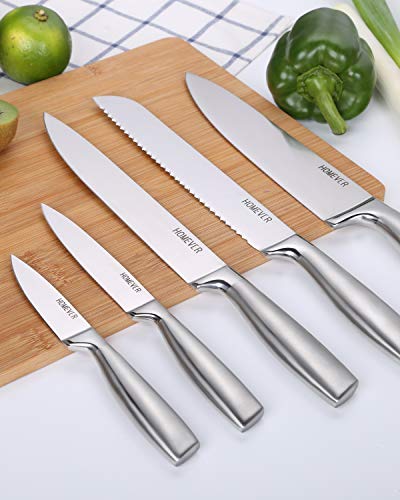 HOMEVER Cuchillos de Cocina, 6 Piezas Set Profesional Bloque, Cuchillos de Acero Inoxidable 1.4116 Alemán, Mango sólido ABS, Bloque de Estable Y INXIDABLE