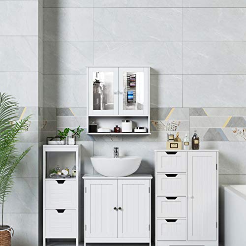 Homfa Armario de Baño con Espejo Armario de Pared Armario de Cocina o Medicina Blanco 2 Puertas y 3 Estanterías MDF 56x13x55cm