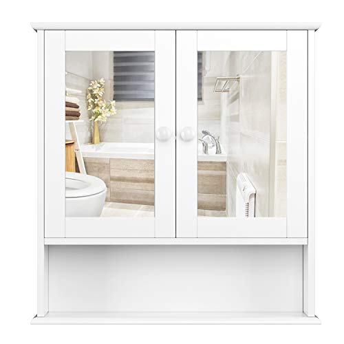 Homfa Armario de Baño con Espejo Armario de Pared Armario de Cocina o Medicina Blanco 2 Puertas y 3 Estanterías MDF 56x13x55cm